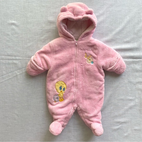 Warner Bros. Other - Y2K Baby Looney Tunes Tweety Bird Bear Snowsuit Cute Ears Pink Fuzzy 0/3M